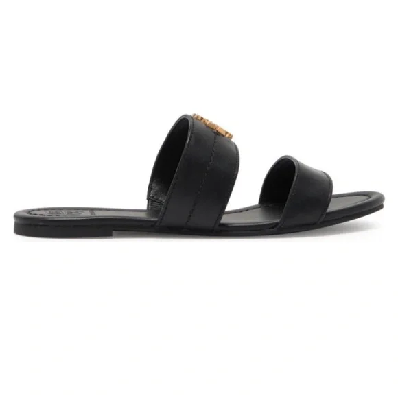 Tory Burch Black Leather Slides with Gold Emblem - Picture 4 of 5